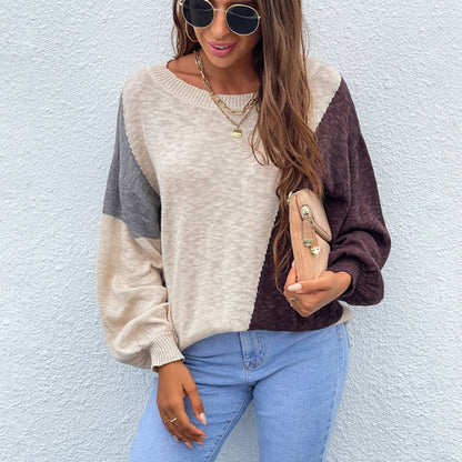 Irregular Color Matching Off-shoulder Sweater