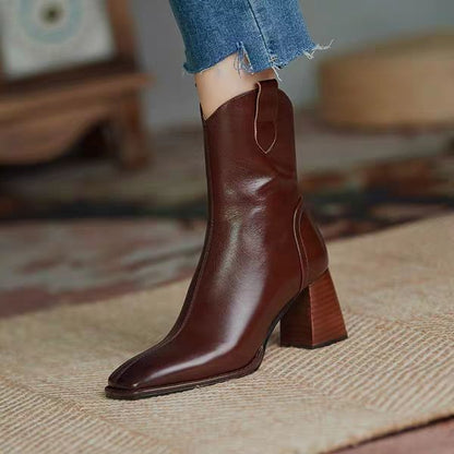 High Heels Square Pointed Toe Leather Boots