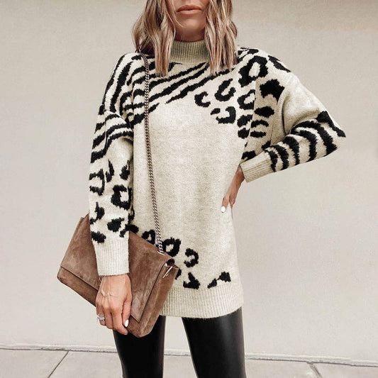 High Neck Leopard Sweater Dress