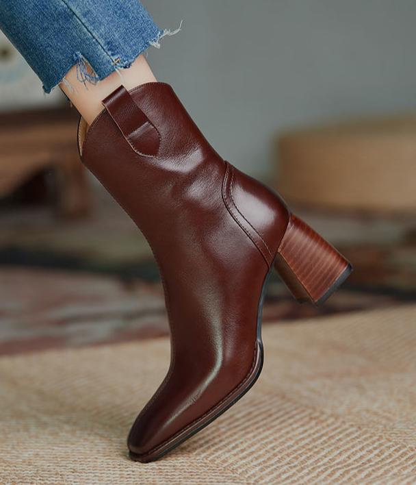 High Heels Square Pointed Toe Leather Boots