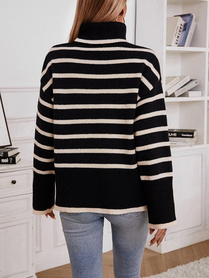 Contrast Stripe Turtleneck Sweater Dress